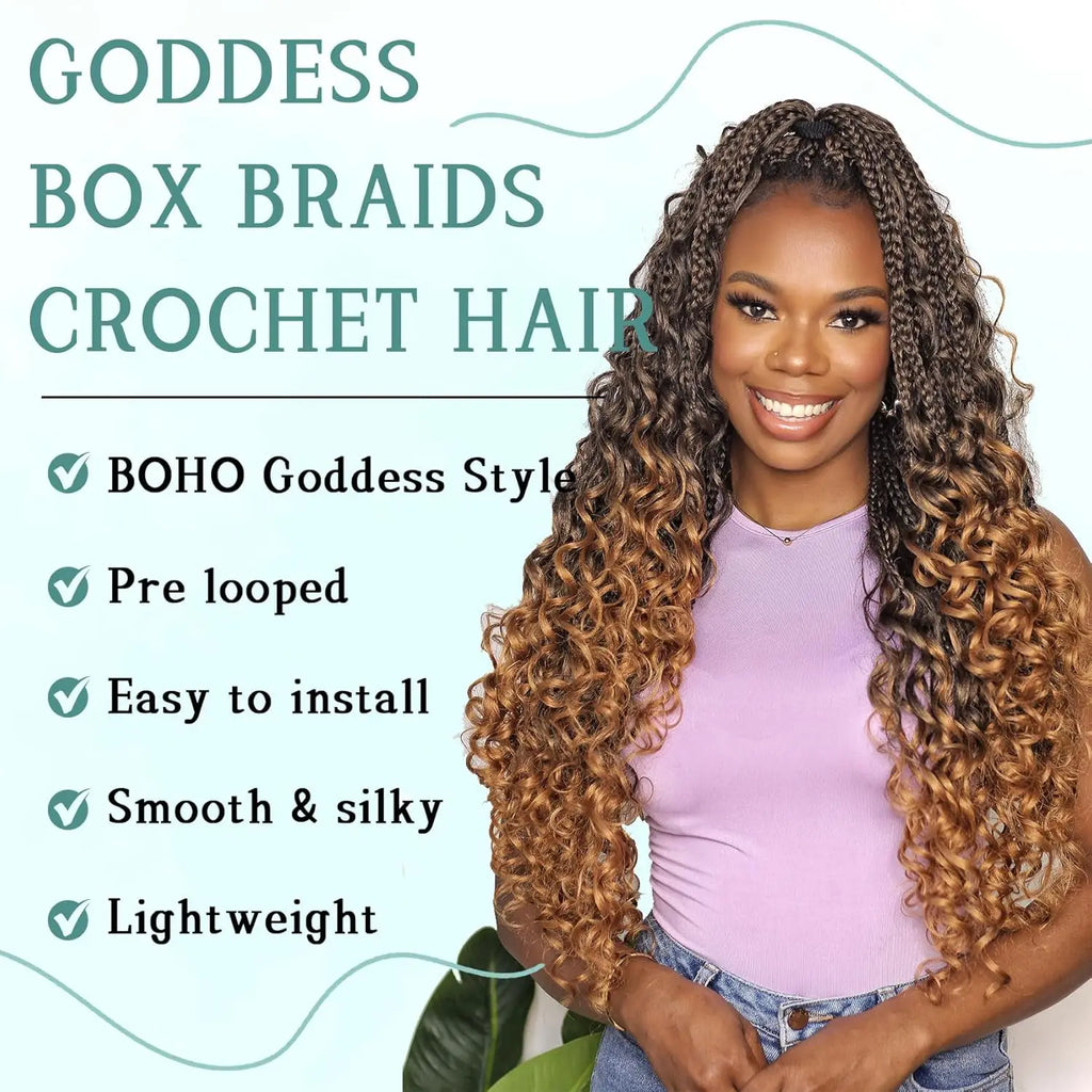 Synthetic Goddess Box Braids Crochet Hair With Curly Ends, Pre Looped Bohomian Crochet Box Braiding Hair Extensions for Women