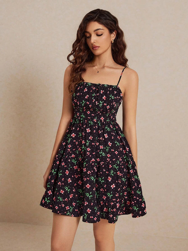 Elegant Floral Slim-Fit Ruched Cami Dress Exquisite Craftsmanship Versatile Perfect for Daily Commute Dates & Trips
