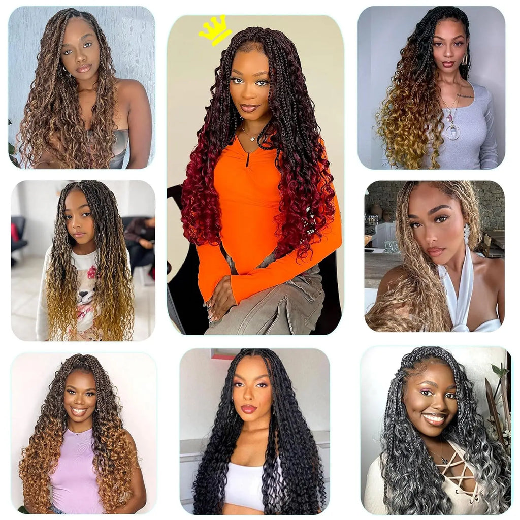 Goddess Boho Box Braids Crochet Hair With Curly Ends 1PCS Synthetic Pre Looped Crochet Box Braiding Hair Extensions for Women