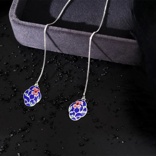 Buyee 925 Sterling Silver Long Tassel Earring Blue Enamel Peony Flower Earring for Women Fashion Ethnic Fine Jewelry Earring