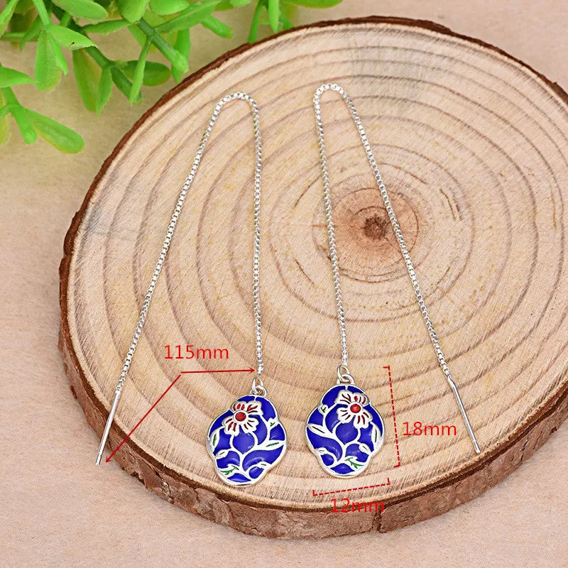 Buyee 925 Sterling Silver Long Tassel Earring Blue Enamel Peony Flower Earring for Women Fashion Ethnic Fine Jewelry Earring