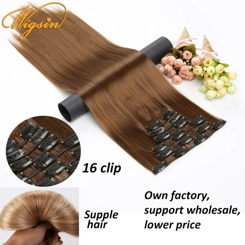 WIGSIN 6Pieces/Set Synthetic 24Inch Long Straight Hair Extension Silky Hairpiece for Women