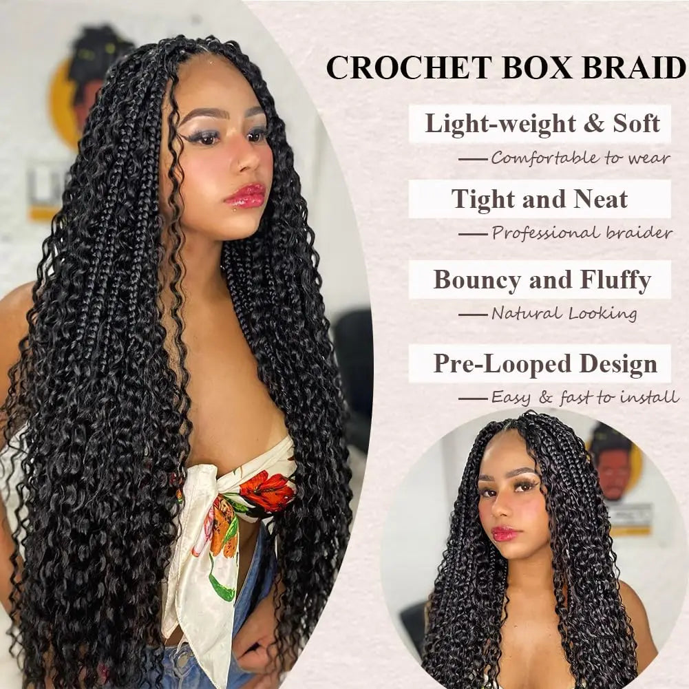 Goddess Boho Box Braids Crochet Hair With Curly Ends 1PCS Synthetic Pre Looped Crochet Box Braiding Hair Extensions for Women