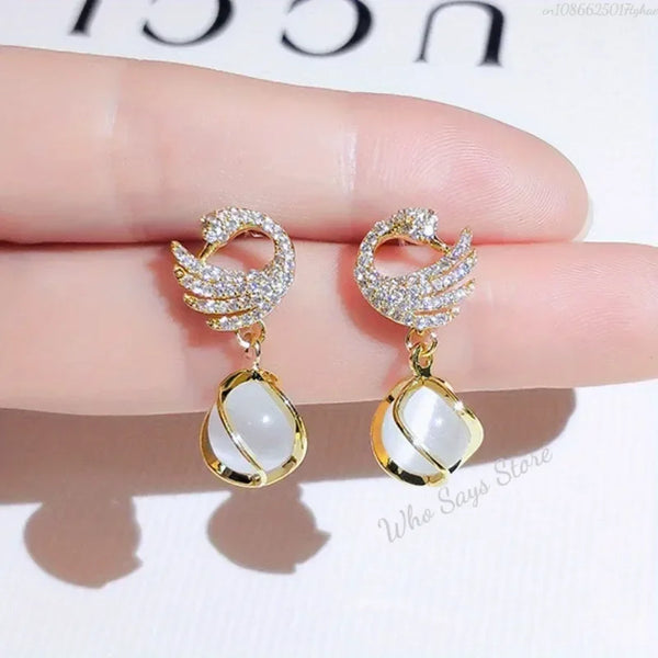 New Fashion Fine Swan Earrings Women Stainless Steel Earrings Temperament High Quality Jewelry Opal Jewellery Women