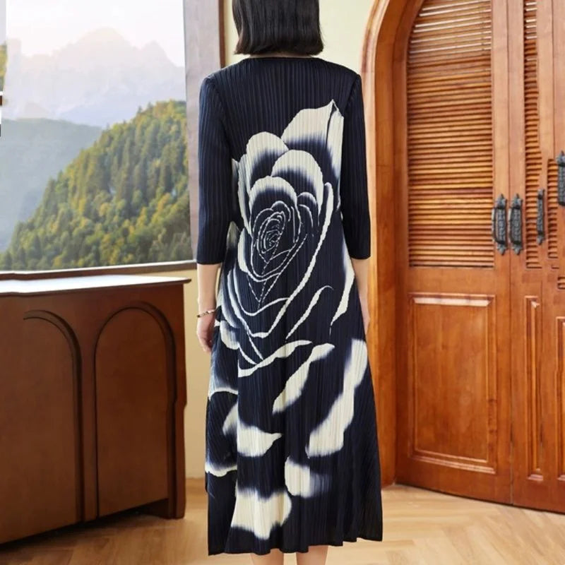Women's Dress Womens Dresses Elegant and Peony Flower Print Cropped Sleeve Pleated Loose Dress Women's Miyake Round Neck Dress