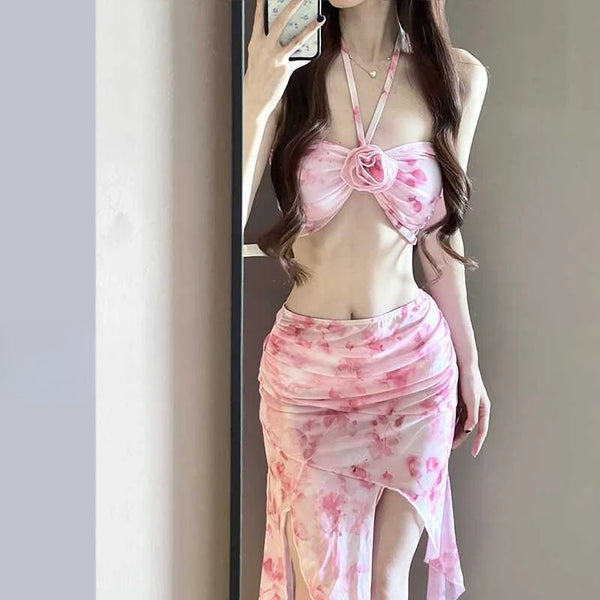 Women's Long Dress Bikini Halter Neck Sexy Swimsuit with Removable Pads Beach Cover Up Flowy Swimsuit for Vacation Body Shaping