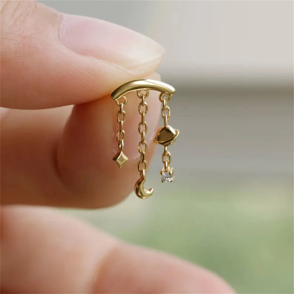 CANNER 1PC Tassel Chain Star Moon 925 Sterling Silver Flat Head Piercing Earring For Woman Ins 14K Gold Plated Dainty Jewelry