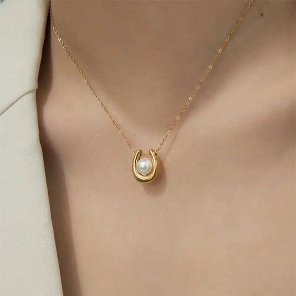 Stainless Steel U-shape Pearl Pendant Necklace For Women Girls Gold Color Classy Clavicle Chain Engagement Party Jewelry Gifts