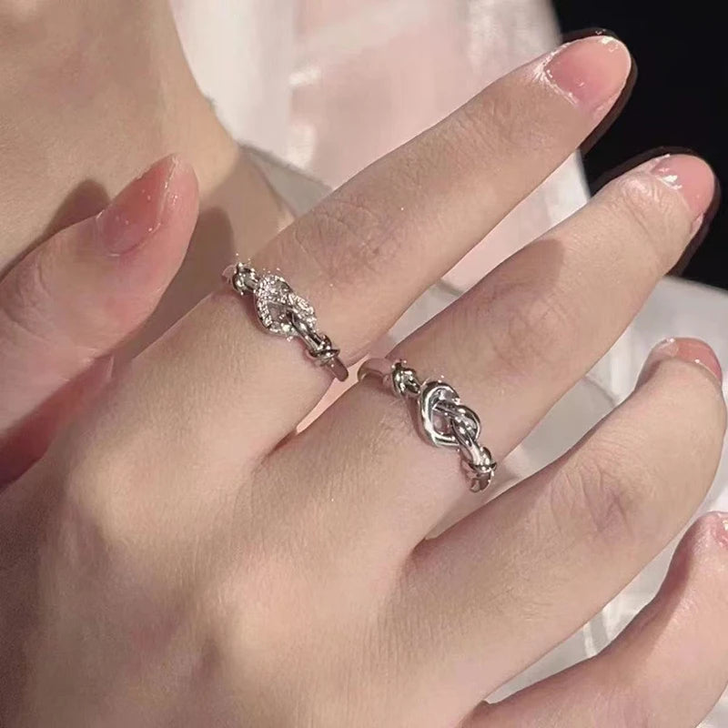 Heart-Shaped Open Ring for Women Crystal Couple's Knot Ring Luxury Exquisite Romantic Trendy Daily Jewelry Valentine's Day Gift