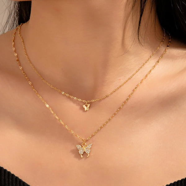 Exquisite Versatile Sparkling Artificial Rhinestone Butterfly Pendant Necklace for Women Elegant Double-layer Choker Necklace