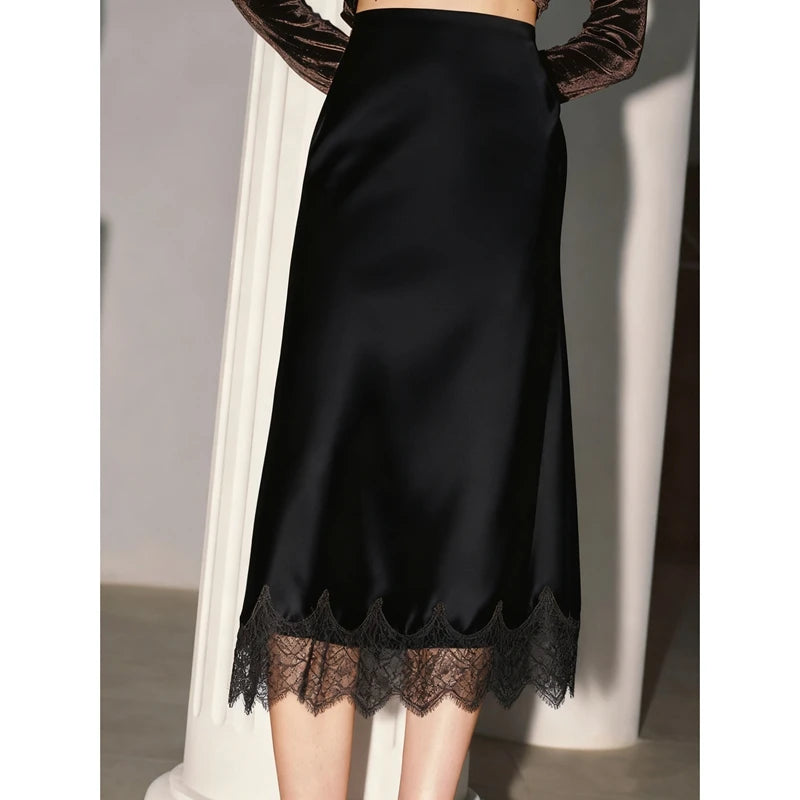 Women Half Slips for Under Dress Sheer Eyelash Floral Lace Trim Satin Silk Long Underskirt Extender Silky Slips Skirt