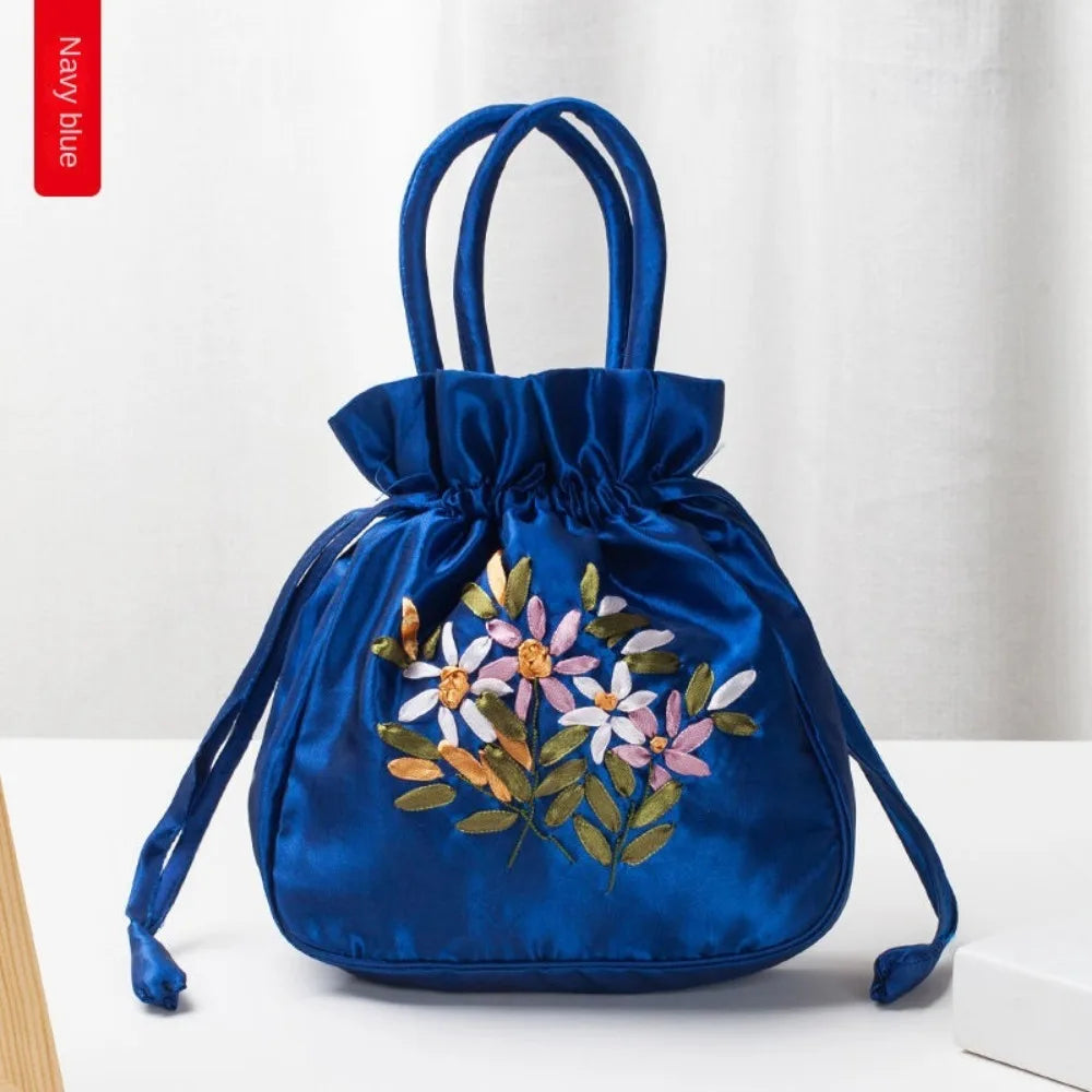 Small Women Bucket Bag Top Handle Ladies Handbag Phone Bag Summer Purse National Style Embroidered Flower Pattern Drawstring Bag