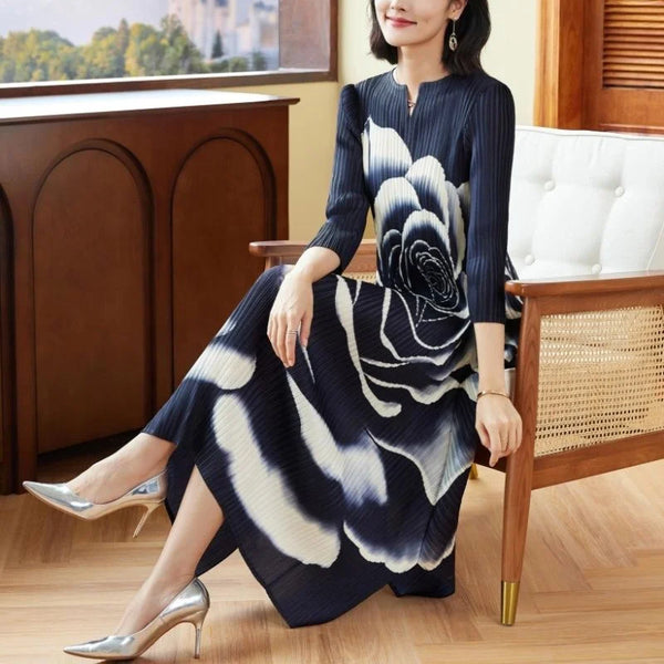 Women's Dress Womens Dresses Elegant and Peony Flower Print Cropped Sleeve Pleated Loose Dress Women's Miyake Round Neck Dress
