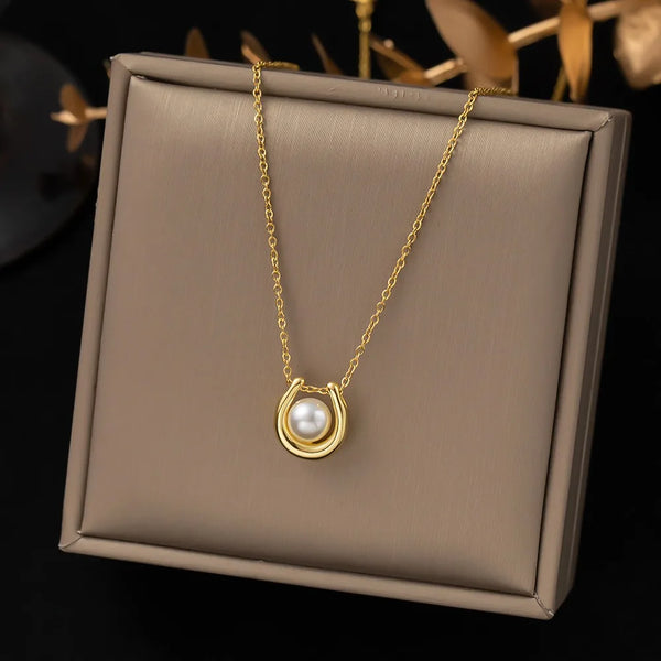 Stainless Steel U-shape Pearl Pendant Necklace For Women Girls Gold Color Classy Clavicle Chain Engagement Party Jewelry Gifts