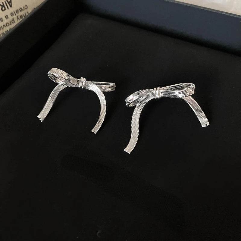 Fashion Long Tassel Bow Earrings for Women stainless steel Flat Snake Chain Bowknot Drop Earrings Statement Jewelry Girls Gift