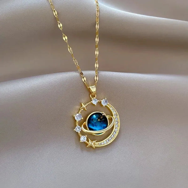 Stainless Steel Clavicle Chain Exquisite Starry Sky Planet Light Luxurious Temperament Gorgeous Necklace Star and Moon Versatile