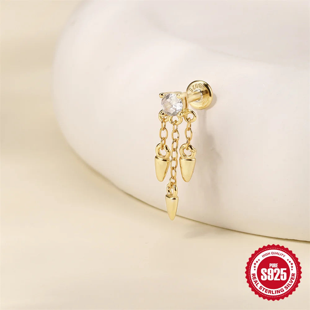 CANNER 1PC Tassel Chain Star Moon 925 Sterling Silver Flat Head Piercing Earring For Woman Ins 14K Gold Plated Dainty Jewelry