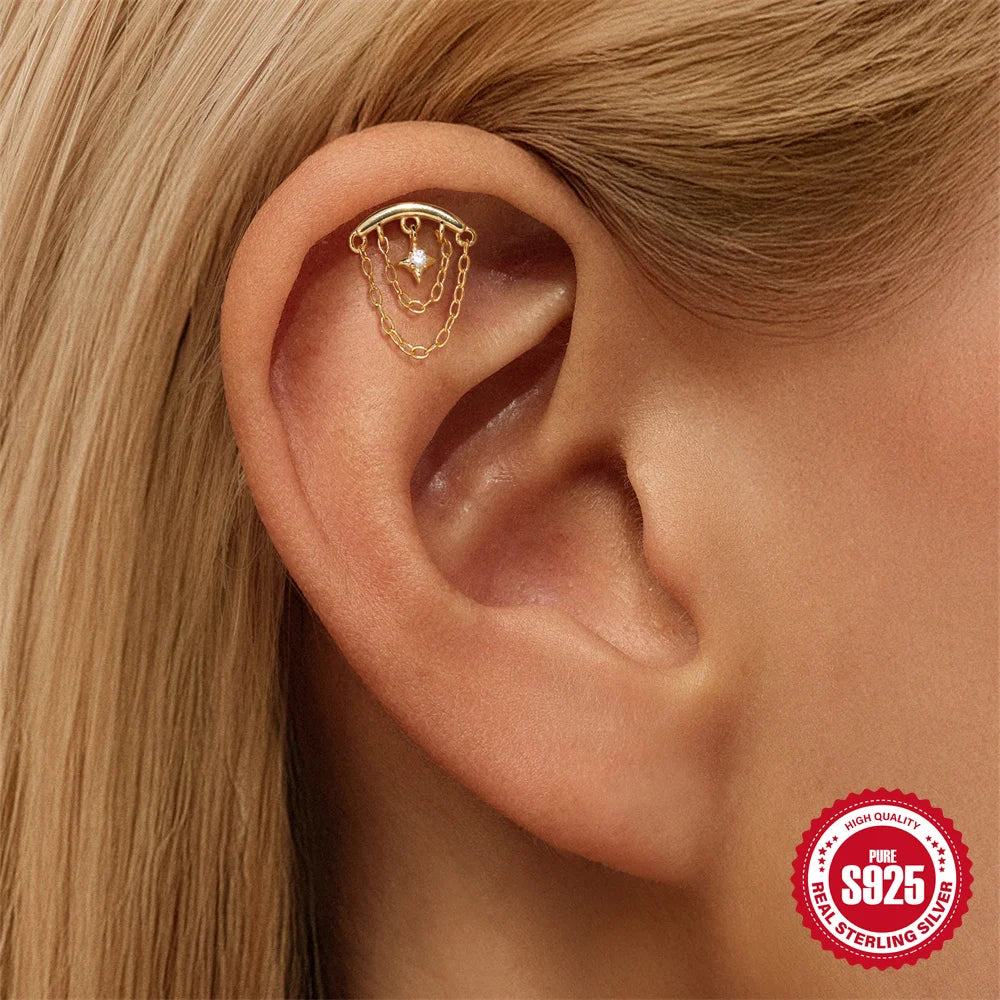 CANNER 1PC Tassel Chain Star Moon 925 Sterling Silver Flat Head Piercing Earring For Woman Ins 14K Gold Plated Dainty Jewelry