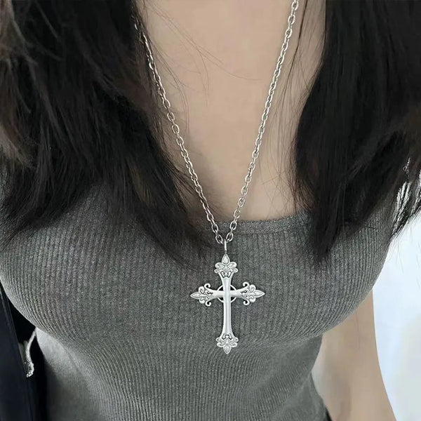Women Large Silver Carved Cross Sweater Chains Choker Necklaces Goth Rose Cross Pendant Necklace  Fashion Jewelry Accessories