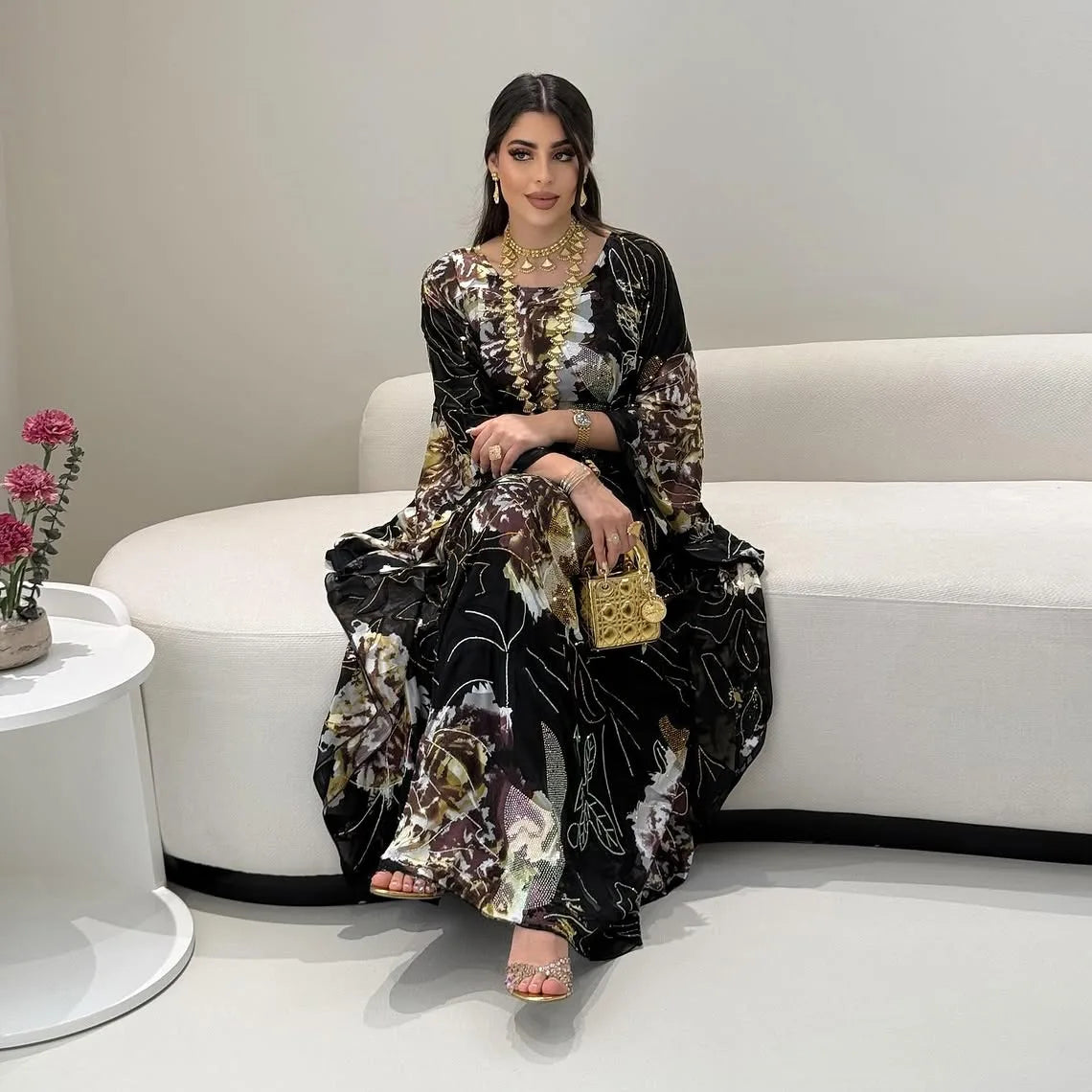 Muslim Dress for Women Chiffon Diamond Party Abaya Dresses Arab Long Robe Morocco Dubai Kaftan Vestidos Jalabiya Ramadan Eid