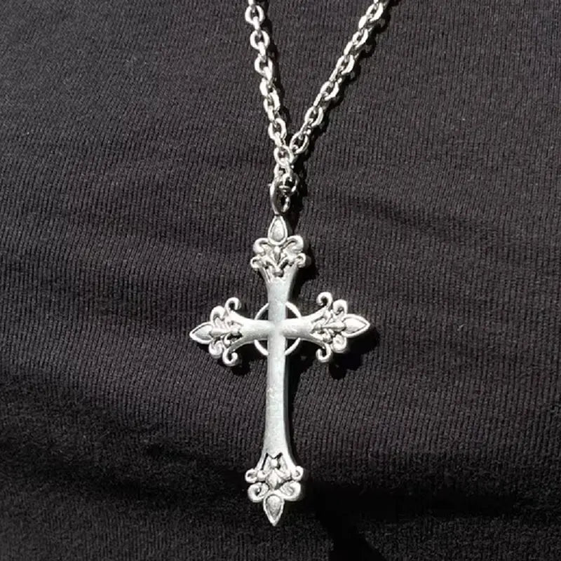 Women Large Silver Carved Cross Sweater Chains Choker Necklaces Goth Rose Cross Pendant Necklace  Fashion Jewelry Accessories
