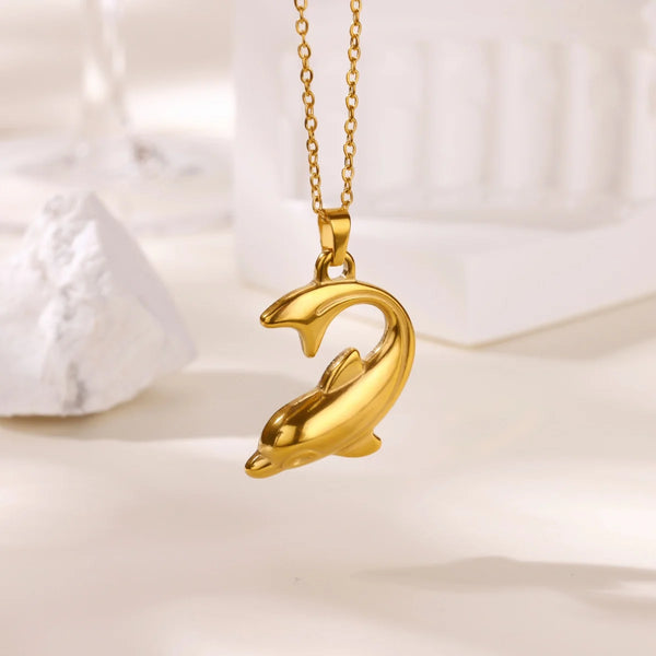 Fashion Charm Cute Dolphin Pendant Necklace For Women Men Stainless Steel Gold Color Chain Vintage Lucky Jewelry ﻿