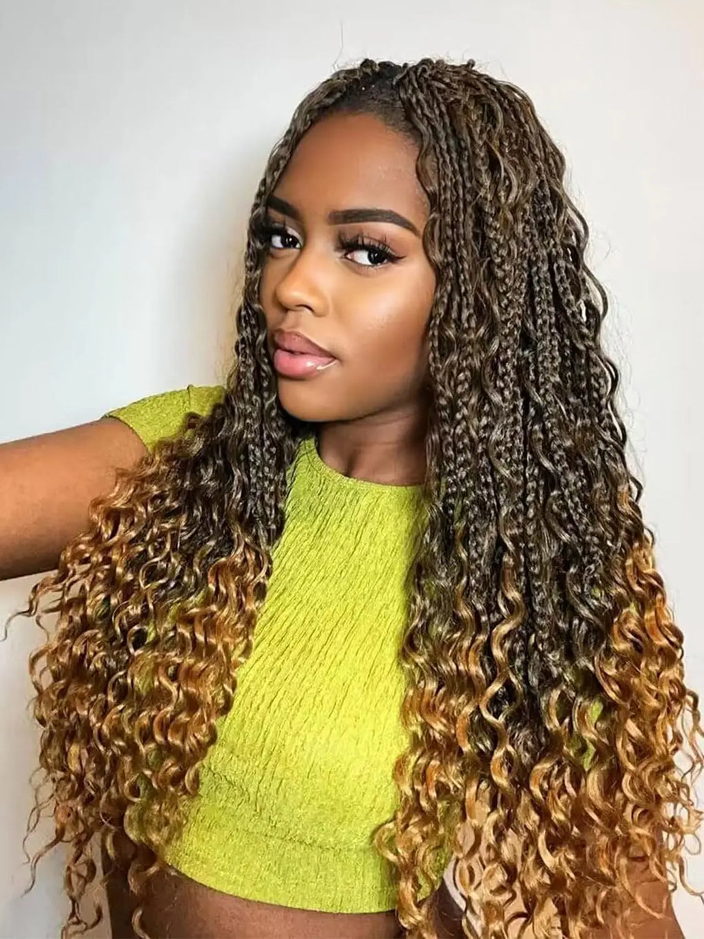 Synthetic Goddess Box Braids Crochet Hair With Curly Ends, Pre Looped Bohomian Crochet Box Braiding Hair Extensions for Women