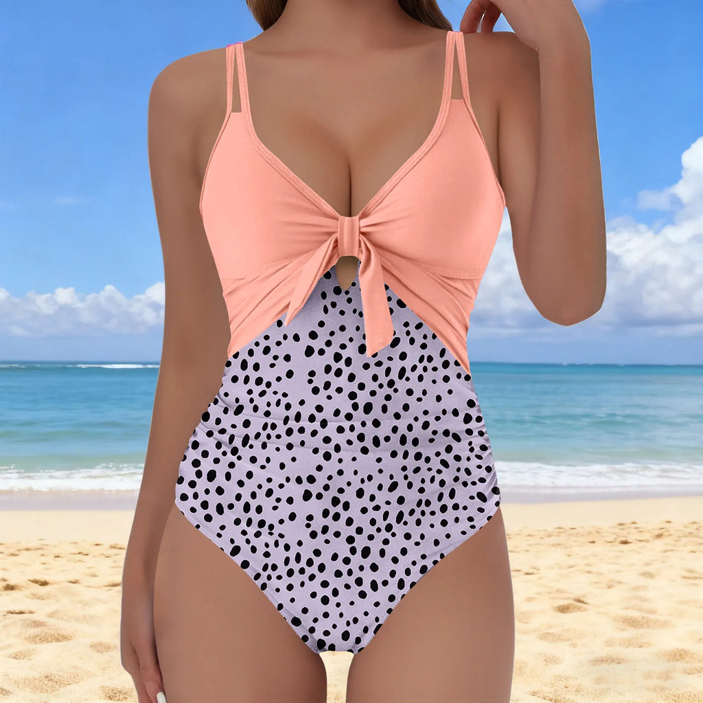 Women's Stylish Color-blocked Backless Bikini Set Sexy Ladies One-piece Swimsuit Female Beach Vacation  Swimming Suit