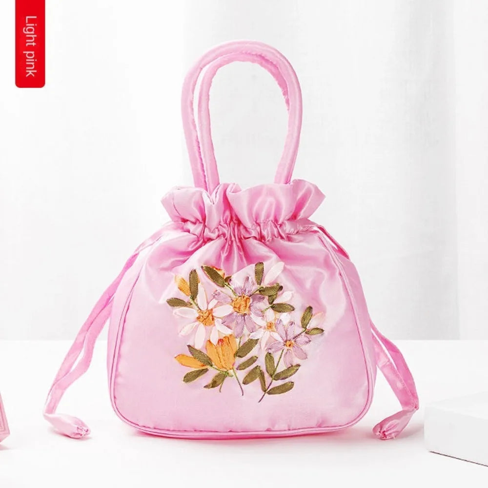 Small Women Bucket Bag Top Handle Ladies Handbag Phone Bag Summer Purse National Style Embroidered Flower Pattern Drawstring Bag