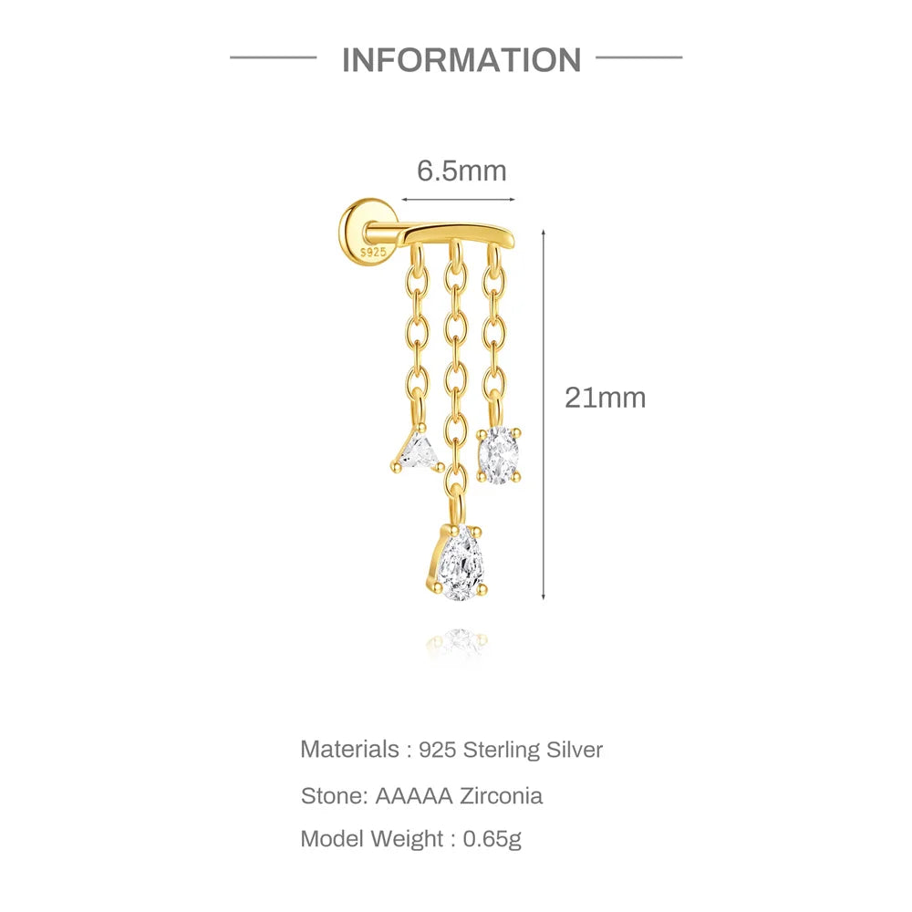 CANNER 1PC Tassel Chain Star Moon 925 Sterling Silver Flat Head Piercing Earring For Woman Ins 14K Gold Plated Dainty Jewelry