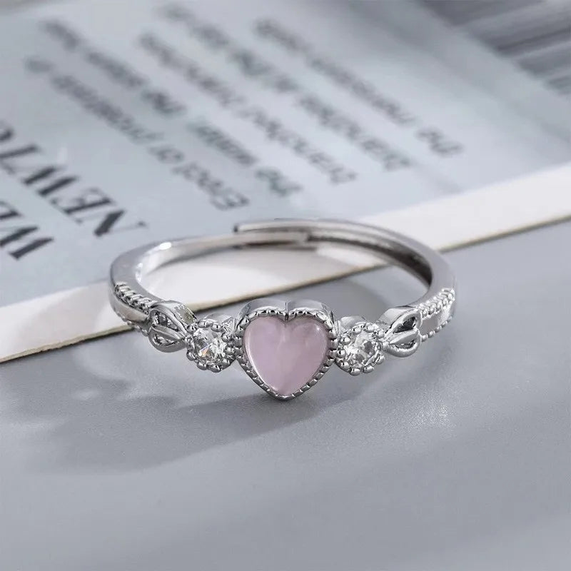 Vintage Silver Color Ring Pink Heart Opal Creative Finger Ring Aesthetic Cute Punk Rings for Women Charm Jewelry Accessories