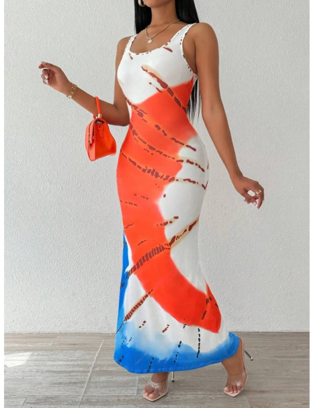 Elegant plus-size printed tie-dye dress for women