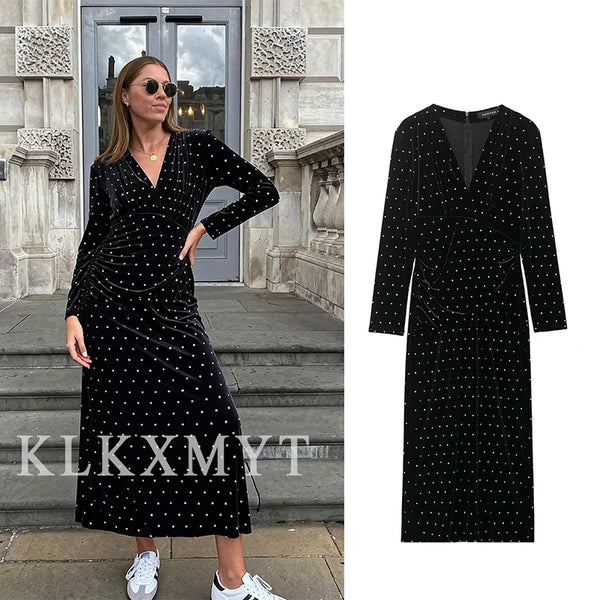 Women Sexy Dresses 2025 Women Fall Fashion Long Sleeves Jewelry Decoration Long Dress Women Elegant Evening Party Skirts