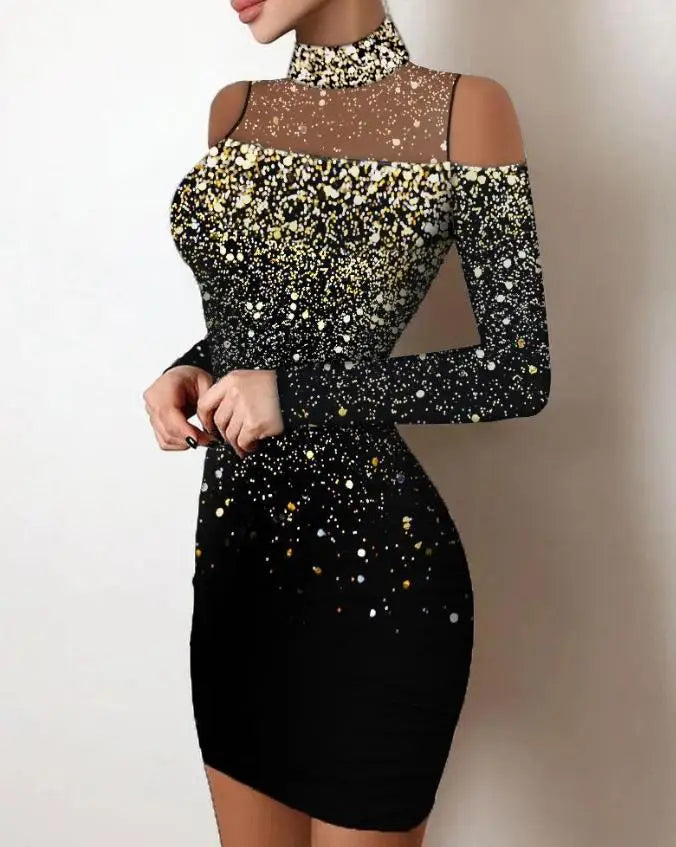 Women's Dresses 2022 Summer Fashion Sexy Off Shoulder Contrast Lace Glitter Plain Skinny Party Mini Long Sleeve Dress