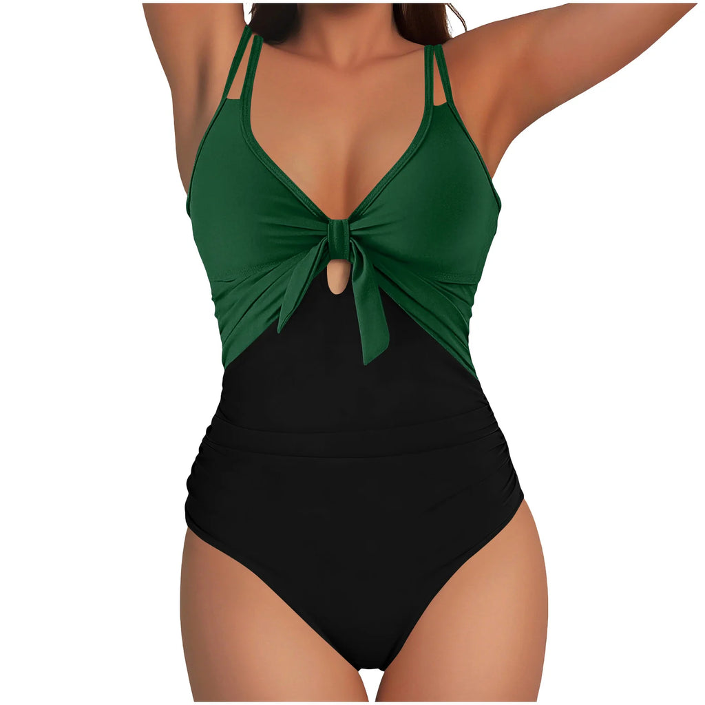 Women's Stylish Color-blocked Backless Bikini Set Sexy Ladies One-piece Swimsuit Female Beach Vacation  Swimming Suit