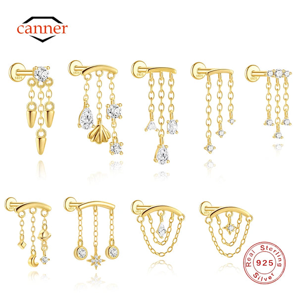 CANNER 1PC Tassel Chain Star Moon 925 Sterling Silver Flat Head Piercing Earring For Woman Ins 14K Gold Plated Dainty Jewelry