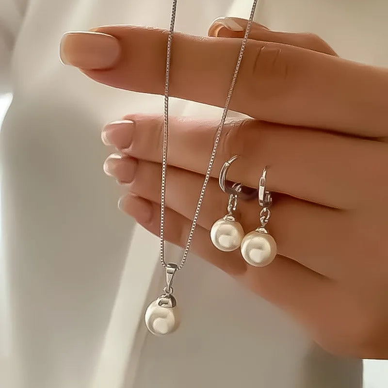 Fashion Pearl Jewelry Set For Women Dangle Earrings Pendant Necklace Simple Dainty Daily Wear Outfit  Party Accessories