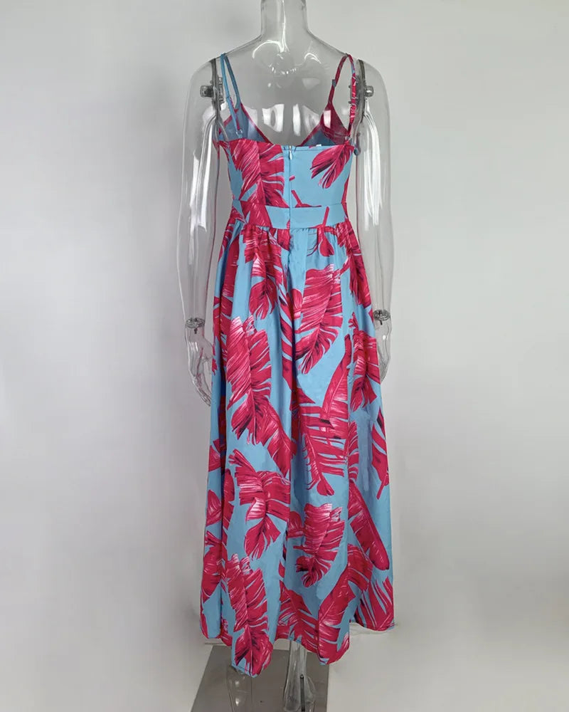 2025 Spring New Women's Style Printed V-neck Low cut Dress Sexy Pendulum Strap Dress