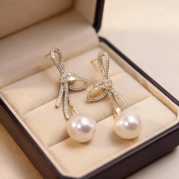 Elegant Micro Inlaid Rhinestone Bowknot Pearl Dangle Earring for Women French Style Niche Temperament Advanced Design Jewelry