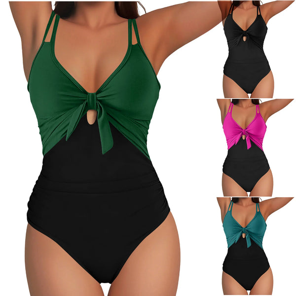 Women's Stylish Color-blocked Backless Bikini Set Sexy Ladies One-piece Swimsuit Female Beach Vacation  Swimming Suit